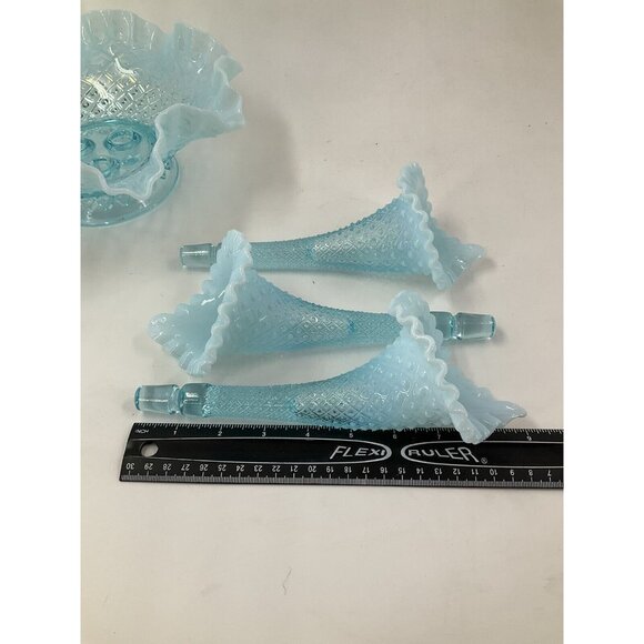 FENTON Glass 10" Flower EPERGNE Sea Blue Opalescent Hobnail Diamond Lace, MINT!! - Picture 10 of 16